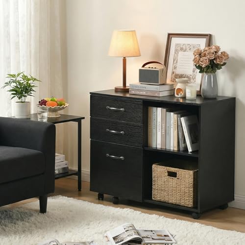 buybyroom Cajonera Oficina Escritorio con 3 Cajones, Armario Archivador Móvil con 5 Ruedas para Bajo Oficina Escritorio Casa, Soporte para Impresora con Estantes Abiertos, 80×40×66cm, Negro - imagen 4
