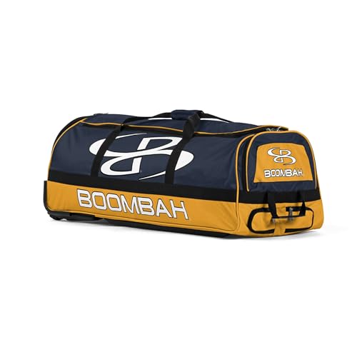 Boombah Brute Rolling Bat Bag - 35" x 15" x 12-1/2" - Navy/Gold - Holds 4 Bats and Room for Gear - Wheeled Bag