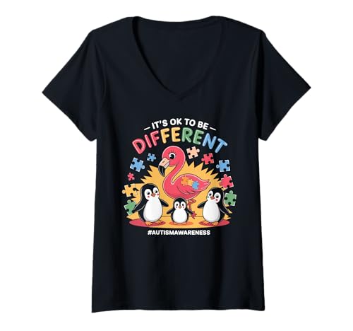 Mujer Its OK To Be Different Cute Flamingo Autism Awareness Girls Camiseta Cuello V