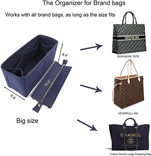 Image of GREENSHEEP Felt Purse Organizer Insert for Handbags, Tote, Hobo Bag Storage Divider with Removable Metal Zipper Cover