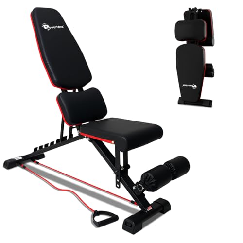 Image of PowerMax Fitness PUB-96 Adjustable Weight Bench for Home Gym with Resistance band | 150KG Max Load | Multi-Purpose Flat Incline Decline (FID) Bench | Strength Training Exercise Workout | Steel Frame