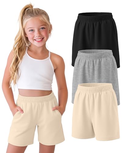 YooAurvox 3 Pack Girls Shorts Kids Wide Leg Athletic Shorts Casual Summer Elastic Waist SweatShorts with Pockets 5-14 Years(13-14 Years,Apricot, Light Mixed Gray, Black)