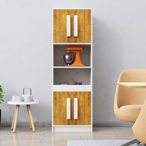 Image of Bniture Multipurpose Crockery Cabinet | Engineered Wood Kitchen Cabinet Modern with 4 Doors & Shelves | Crockery Unit for Dining Area | Kitchen Crockery Cabinet for Home | Frosty White & Giant Wood