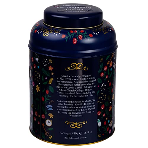 New English Teas Midnight Alice in Wonderland Tea Caddy with 240 Breakfast Teabags, Blue