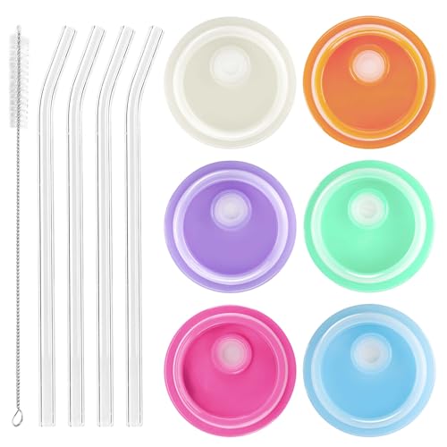 Joyclub 6 Pack Acrylic Lids and Glass Straws with Straw Brush Fit for 16oz Glass Iced Coffee Cups, Replacement Lids for Can Shaped Cute Tumbler Drinking Jars