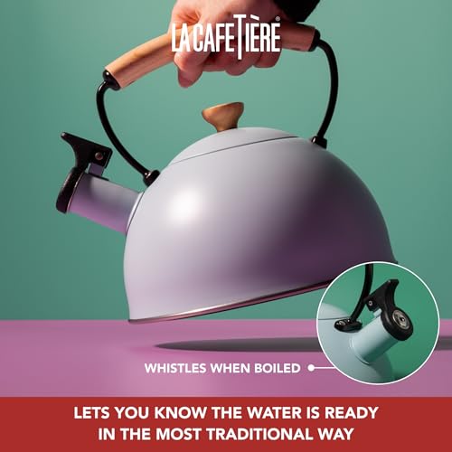 La Cafetière Whistling Kettle In Trendy Sky Blue Colour With Heat Resistant Wooden Handle, Lightweight Rust Resistant Stovetop Kettle With Flip Up Spout, Compatible With All Stove-Tops, 1.6L