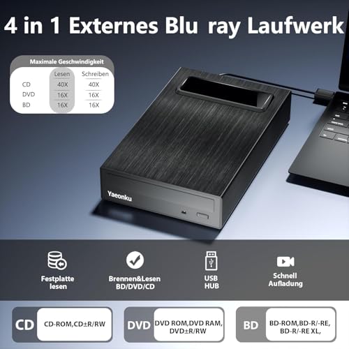 Lecteur Blu-ray externe et graveur CD DVD 16x USB 3.0 Type-C multifonction charge rapide - 2
