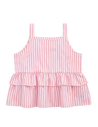 Image of Girl's 2 Piece Striped Outfits Cami Top Wide Leg Pants Ruffle Hem Summer Clothes with 2 Pockets 3-14Y