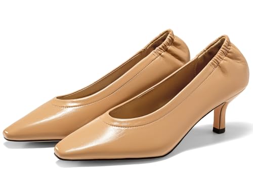 Coutgo Womens Dress Shoes Low Kitten Heels Square Pointed Toe Slip On Crinkled Work Pump Shoes, Khaki, Size 8.5