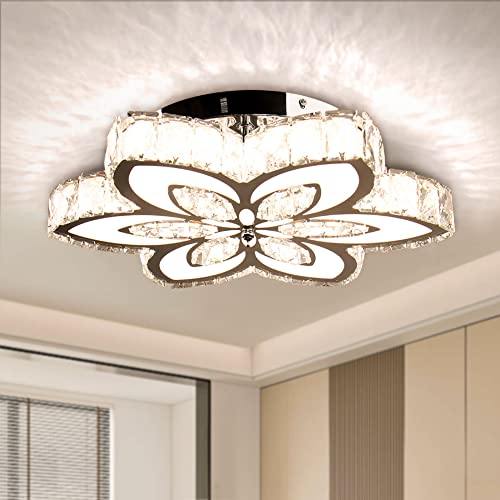 Frixchur 17.3" Modern Crystal Chandeliers Led Flush Mount Ceiling Light Acrylic Flower Chandelier Light Fixture For Bedroom Living Room (Changeable Color) #TOP23