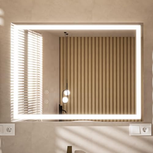 Essbhach Badspiegel mit Beleuchtung, Badezimmerspiegel Antibeschlag, 3 Lichtfarben Led Badezimmer Spiegel mit Touch Schalter, Spiegel Bad mit Licht, 100 x...