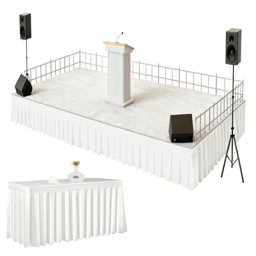 White Stage Skirt Portable Wrinkle-Free Platform Skirting Free Cutting Length Satin Stage Skirting for Events Performances Wedding Staging and Party Decorations (17Ft 29Inch)