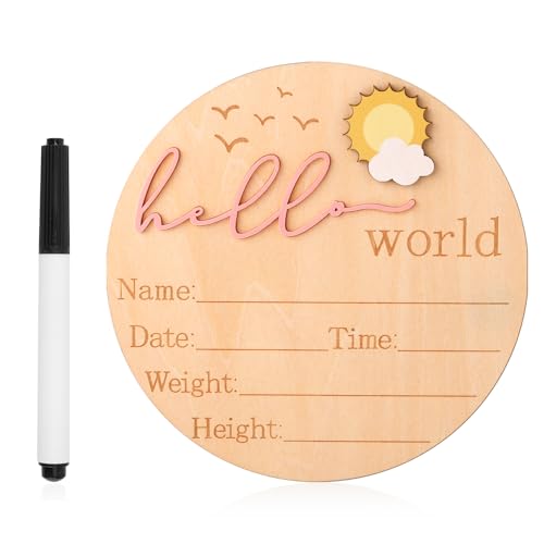 Panneau d'Annonce de Bébé, 14,8 cm Panneau en Bois Hello World pour Nouveau-Né Jolies Plaques de Nom de Naissance pour Fille Garçon Baby Shower Hôpital Crèche Accessoire Photo (Rose)