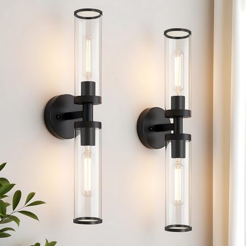 Wall Sconces Set of Two, 22'' Modern Bathroom Sconces with Clear Glass,Black Sconces Wall Lighting for Living Room Bathroom Hallway Mirror Bedroom (Bulbs Not Included)