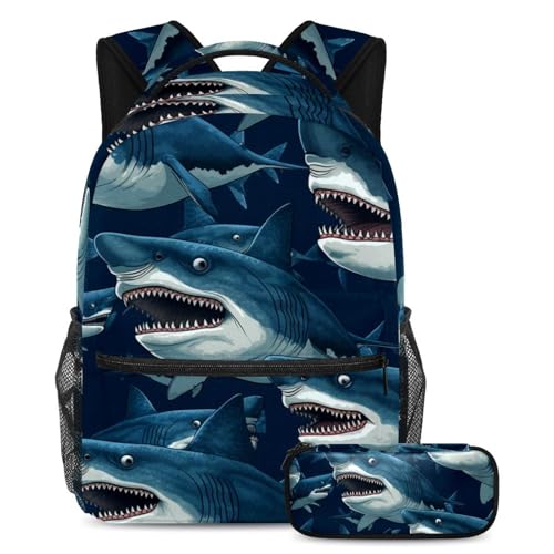 Ensemble cartable requin grande capacité 2 pièces avec trousse ergonomique