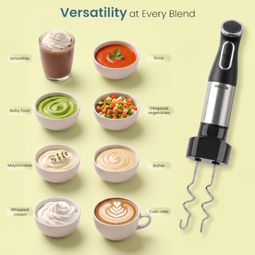 Image of iBELL AEROMIX500PRO 6-in-1 Hand Blender, 1200W, Adjustable Speed Control, Turbo Function, Stainless Steel Immersion Blender with Chopper, Whisk, Dough Hooks, Milk Frother & 700ml Beaker (Black)