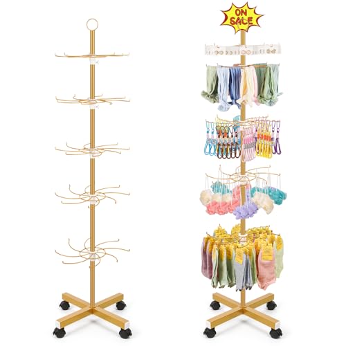 Image of Flenpptly Retail Display Stand, 5-Tier Rotating Display Rack for Store Display, Movable and Adjustable Spinning Display Stand for Earrings, Jewelry, Keychains, Socks Display (Gold)