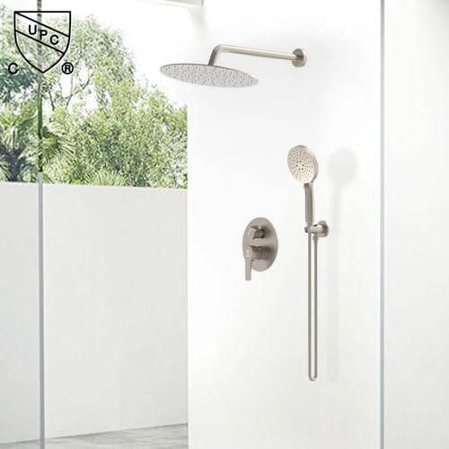 Shower Faucet Set 12IN Brass Rough-In Valve Body Trim Kit Rainfall Included Handle Accessories Complete 2 Functions with Rain Head and Handheld Bathroom Systems (12'', Brushed Nickel) - Image 3