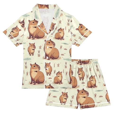 ALAZA Capybara Animal Pajamas Satin Pajama Set Short Sleeve Button Down Sleepwear