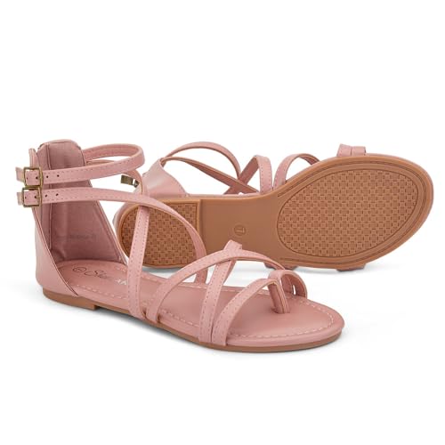 Image of Shoe Land Gladiator Sandals for Women - Strappy Flat Sandals with Ankle Strap & Back Zipper | Fisherman Thong Strappy Style for Walking, & Daily Wear | Trendy 2025 Summer