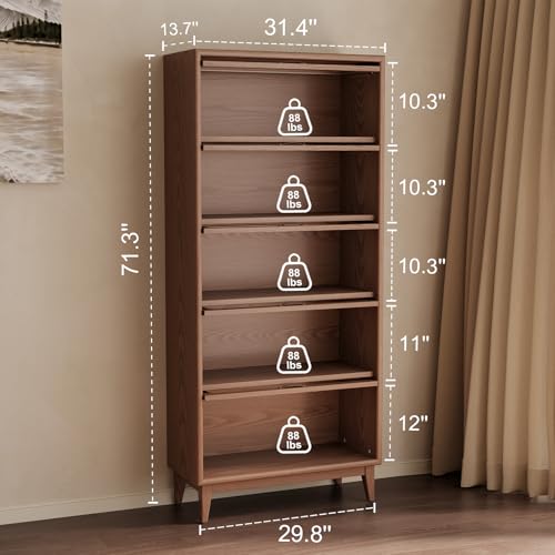 Image of Solid Wood Bookcase 5 Tier Bookshelves with Tempered Glass Flip-Up Doors ,Brown Finish Cube Storage Organizer, Bookshelf Versatile Pantry Cabinet with Storage for Kitchen Home Office72Hx13.7Dx32W inch