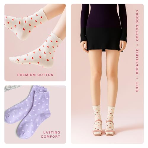 Image of Women's Cute Heart Pattern Crew Socks - 3 Pairs Colorful Novelty Gift Set - Soft Cotton Cozy Socks for Casual Wear