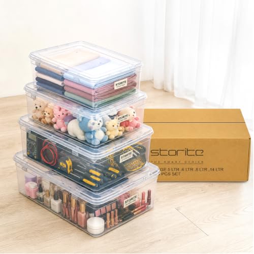 Image of Storite Set of 4 Transparent Multipurpose Plastic Storage Boxes with Lid | Multipurpose Storage Containers|5L, 6L, 8L & 14L Organizer Boxes for Jewellery,Stationery,Accessories & Home Organization