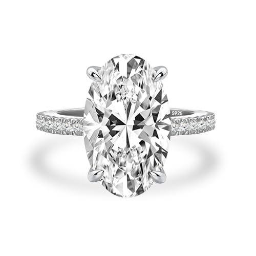 Maxinejewelry 6.5 Carats Oval Cut Engagement Ring for Women, S925 Sterling Silver 5A Cubic Zirconia Hidden Halo Promise Ring (18K White Gold Plated, 6)
