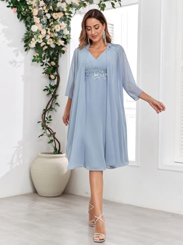BANTRATIC 2 Pieces Mother of The Bride Dresses for Wedding Chiffon V Neck 3/4 Sleeves Short Formal Party Gown with Jacket3