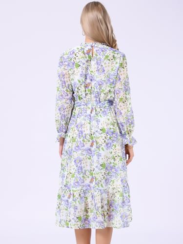 Image of Allegra K Fall Casual Floral Dress for Women 2025 Long Sleeve Crew Neck Chiffon Midi Tea Party Ruffle Dresses