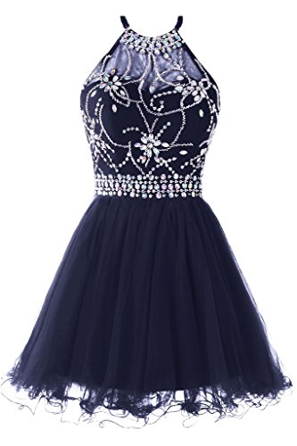 Musever Women's Halter Short Homecoming Dress Beading Tulle Prom Dress Navy US 2