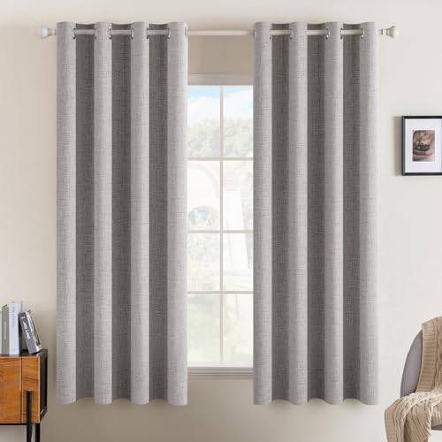 Image of MIULEE Linen Texture Curtains for Bedroom Solid 100% Blackout Thermal Insulated Light Gray Curtains Grommet Room Darkening Drapes for Living Room 52x63 Inch (2 Panels)