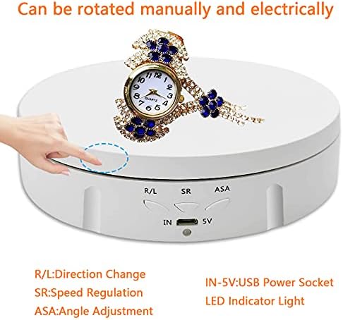 Electric Rotating Turntable for Photography, 90/180/360 Degree Adjustable Motorized Rotating Stand Display Table for Live Video Automatic Revolving Platform Jewelry Watch with 6 Backgrounds (White)