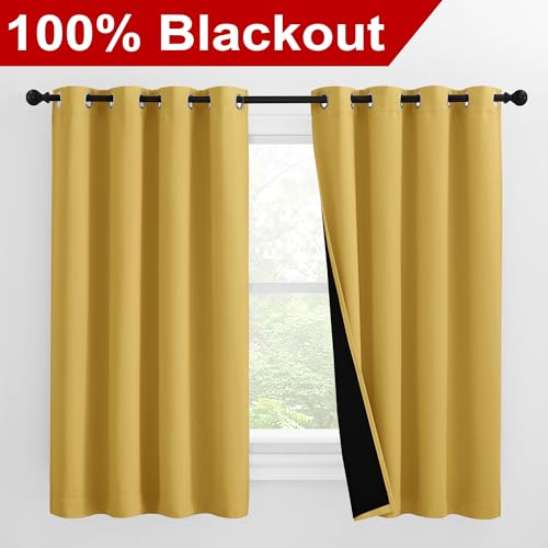 Image of NICETOWN 100% Blackout Curtains with Black Liners, Thermal Insulated Full Blackout 2-Layer Lined Drapes, Noise Cancellation Window Draperies for Dining Room (Bright Yellow, 2 Panels, 55 inch W by 57 inch L)