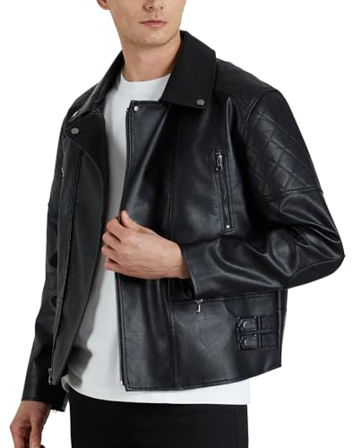 WULFUL Men\'s Leather Jackets, Faux Bomber Jacket for Men Motorcycle Lapel Asymmetric Zip-Up Slim Fit Biker Coat - Thumbnail 3
