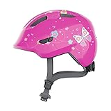 ABUS Kinderhelm Smiley 3.0 - Fahrradhelm mit tiefer Passform, kindergerechten Designs & Platz für einen Zopf - für Mädchen und Jungs - Pink mit Schmetterlings-Muster, Größe M