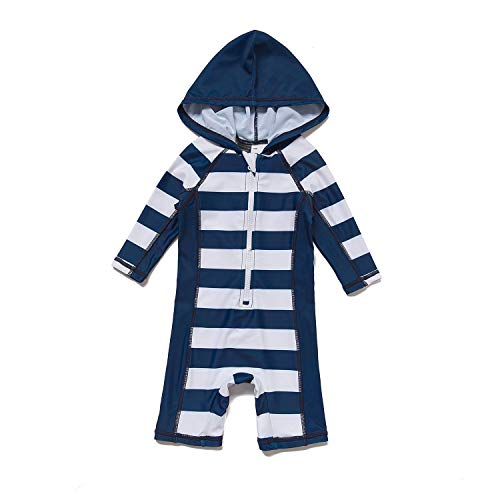 Baby Boy Hooded Sunsuits UPF 50+ Infant and Toddler Sun Protective One Piece Swimwear with Zipper.(Navy Stripe,9-12M)