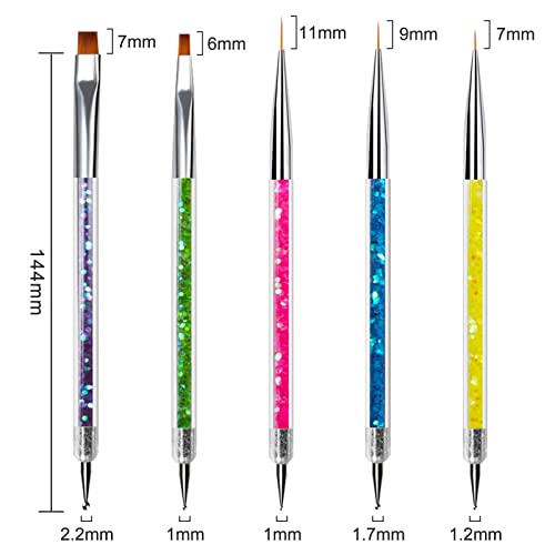 Sularpek 5 Pcs Double Ended Nail Design Brushes,Nail Art Point Drill Drawing Brush Pen,Double Ended Fine Nail Liner Brush Dotting Pen,Double Ended Brush And Dotting Tool Kit #TOP1