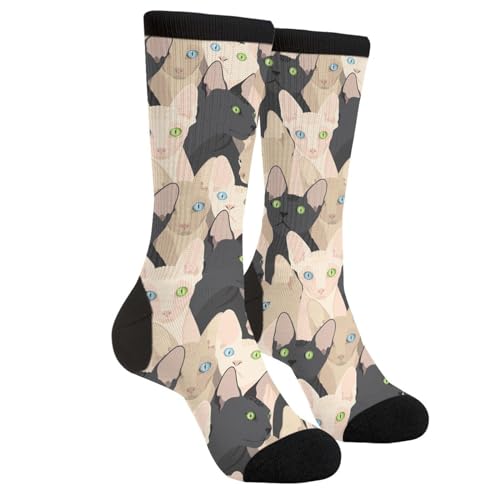 WILL BUDXEG Chaussettes décontractées fantaisie drôles tendance confortables pour homme et femme, Black Naked Cat Sphynx Chat sans poils, 1