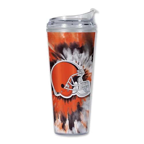 Image of Rico Industries NFL Football Cleveland Browns Metallic Tie Dye 24oz Metallic Acrylic Tumbler with Hinged Lid, Officially Licensed Double Wall Tumbler with Straw