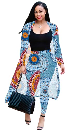 Max2co Women 2 Piece Outfits Floral Long Sleeves Open Front Cardigan Cover up with Leggings High Waist Long Pants Set Blue Circle S