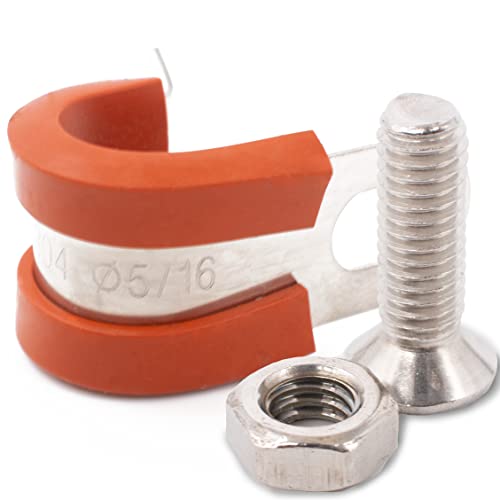 Phoenix Top-Notch Tools 25 Pack 5/16 inch 304 Stainless Steel Red Silica Gel Rubber Cushioned Cable Clamp with Screws and Nuts, Metal Clamp, Pipe Clamp, Hose Clamp, Adel Clamp