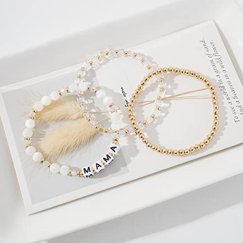 MAMA Bracelet Dainty Gold Crystal Beaded Bracelets Set for Women Stackable 14K Gold Plated Beads Nature Stone Layered Stretch Bracelets Mother's Day Gifts for Mom Grandmom2