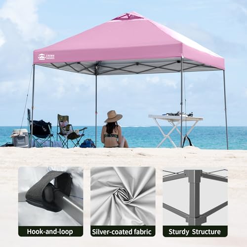 Image of CROWN SHADES Adjustable Height on The Fly, 10x10 Pop Up Canopy - Beach Tent with One Push Setup - Easy Outdoor Sun Shade for Events, Parties, Camping - Outside Shade with STO-N-Go Bag, Pink
