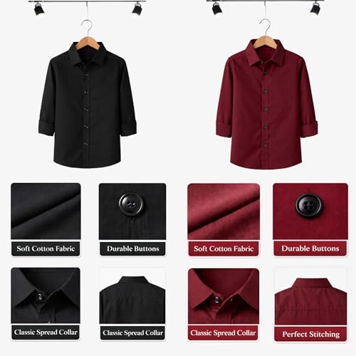 Image of YYQ Pack of 2 Boys Solid Cotton Blend Shirts - Full Sleeve Casual, Soft & Comfortable Spread Collar Shirts for Boys