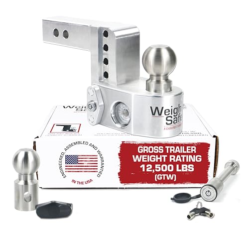 Weigh Safe Aluminum Adjustable Trailer Hitch - Towing Hitch with Built-In Tongue Weight Scale - Compatible with 2' Receivers - 4' Drop, Stainless Steel Tow Balls, 12,500 GTW, 2-Piece Lock Set