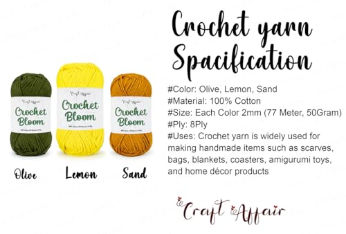 Image of Craft Affair | Crochet Bloom Cotton Yarn 8ply (Each Color 2mm, 77Meter, 50Gram) 100% Pure Cotton | for Knitting Yarn | Craft & DIY Project: Olive, Lemon, Sand