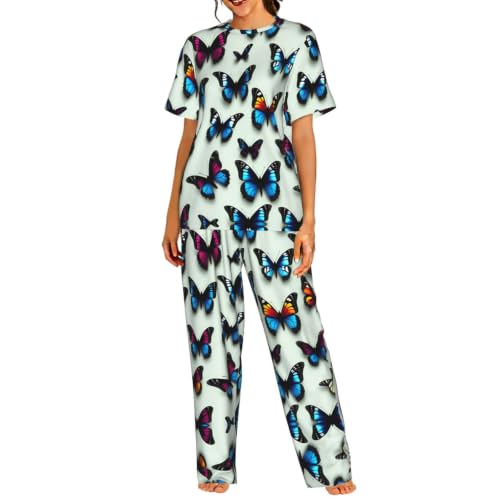 Pyjama femme manches courtes pantalon long fluide anti-frottement imprimé original S au 3XL
