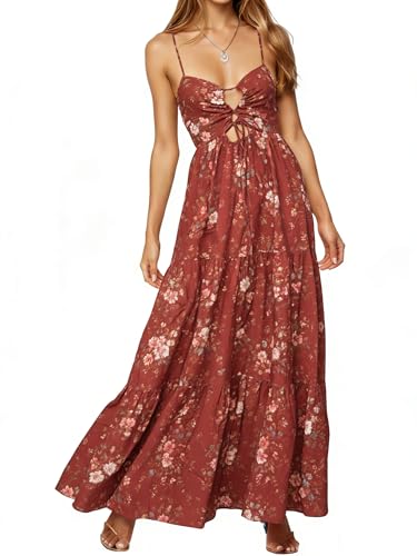 Image of Womens Summer Floral Spaghetti Strap Backless Low Cut Smocked Milkmaid Flowy Beach Sundresses