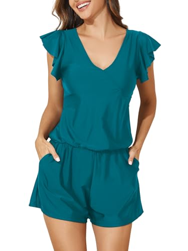 Image of Smismivo Swim Romper with Built in Bra and Pockets Swim Dress Modest One Piece Swimsuit Full Coverage Bathing Suit